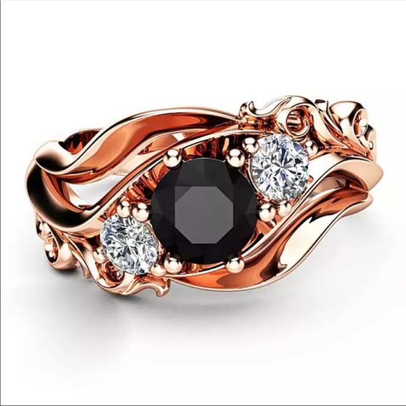 New Rose Gold Plated Unique Black Stone Prong Setting Twist Band Sapphire Ring - Picture 2 of 13